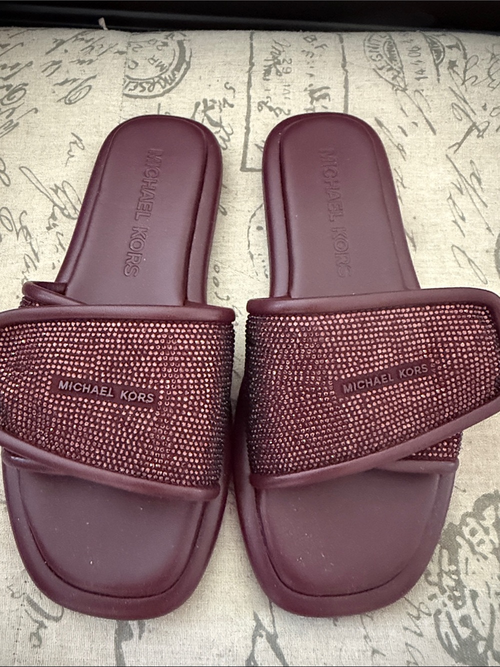 Michael Kors Burgundy Embellished Slide Sandals